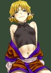 bad_id bad_pixiv_id bare_shoulders blonde_hair collarbone green_eyes grey_background highres midriff mizuhashi_parsee multicolored multicolored_eyes navel off_shoulder pointy_ears purple_eyes shiba_itsuki short_hair simple_background solo touhou turtleneck undressing 