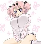  1girl between_legs bow breasts hair_bow hand_between_legs hibari_(senran_kagura) huge_breasts jacket kneeling open_mouth oro_(zetsubou_girl) pink_hair purple_eyes senran_kagura senran_kagura_shoujo-tachi_no_shin'ei shirt short_twintails smile solo symbol-shaped_pupils taut_clothes taut_shirt track_jacket twintails 