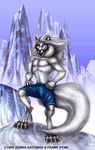  anthro blue_eyes canine classic claws clothing fur hair kamots long_hair looking_at_viewer male mammal muscles outside pose shorts smile snow solo standing tail unknown_artist vintage white white_fur white_hair winter wolf 