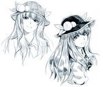  bad_id bad_pixiv_id face food fruit hat hinanawi_tenshi long_hair looking_at_viewer monochrome multiple_views peach shiba_itsuki simple_background sketch touhou upper_body white_background 