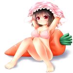  animal_ears animal_print armpits bad_feet barefoot bottomless bra breasts brown_hair bunny bunny_ears carrot cleavage highres inaba_tewi large_breasts lingerie red_eyes rena_(riries) smile solo touhou underwear underwear_only undressing 