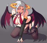  arm_support bare_shoulders black_legwear breasts bridal_gauntlets cleavage covered_nipples demon_girl demon_tail demon_wings elbow_gloves finger_licking garter_belt gloves gradient gradient_background grey_hair highres horns huge_breasts kisaragi_yakumo kneeling licking long_hair mole mole_under_mouth original red_eyes saliva solo succubus tail thighhighs tongue wings 