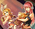  2girls blonde_hair blush blush_stickers breast_press breast_smother breasts clenched_teeth detached_sleeves hair_ribbon headphones heart hug human_tug_of_war kagamine_len kagamine_rin long_hair looking_at_breasts looking_at_viewer medium_breasts megurine_luka multiple_girls pink_hair pulling ribbon smile sweat teeth vocaloid zndsl 