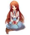  apple bad_id bad_pixiv_id blush boots bow food frills fruit holding holding_food holding_fruit long_hair mawaru_penguindrum orange_hair pink_eyes ro_(61232ta) sitting skirt smile solo takakura_himari 