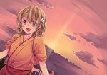  apron bad_id bad_pixiv_id blush brown_eyes brown_hair cityscape cloud flower hair_flower hair_ornament hanasaku_iroha japanese_clothes kissuisou_uniform matsumae_ohana nakai_(waitress) open_mouth shiroya short_hair sky smile solo sunset 