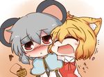  :&lt; ^_^ animal_ears basket blonde_hair blush capelet cheek-to-cheek chibi closed_eyes dekasudachin dress fang grey_dress grey_hair hair_ornament heart jewelry kemonomimi_mode mouse_ears mouse_tail multiple_girls nazrin necklace open_mouth pendant red_dress short_hair tail tiger_ears toramaru_shou touhou 