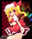  ascot blonde_hair checkered checkered_background fang finger_to_mouth flandre_scarlet geo_(yukishitadou) hat laevatein midriff open_mouth pointing red_eyes side_ponytail skirt solo touhou wings 
