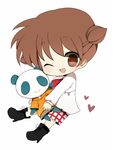  animal_yokocho bear blue_eyes brown_eyes chibi cute female haru413 hug human issa looking_at_viewer male mammal one_eye_closed panda sitting smile wink 