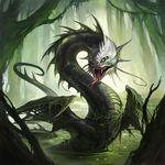  drake feral gaping_maw glowing_eyes marsh monster open_mouth outside sandara scenery slimey slimy solo swamp tongue tree wings wood 