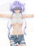  armpits blue_eyes breasts heterochromia large_breasts lavolpe_(yagisaka_seto) long_hair navel open_fly original outstretched_arms purple_eyes sidelocks silver_hair solo torn_clothes turtleneck unbuttoned underboob unzipped very_long_hair yagisaka_seto zoom_layer 