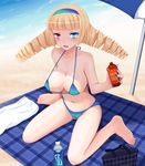  bad_id bad_pixiv_id barefoot beach_towel blonde_hair bottle breasts drill_hair heterochromia kay_(utd) large_breasts long_hair lotion navel original shade sitting solo sunscreen towel wariza 