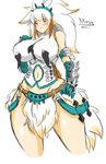  armor bairoth bare_shoulders barioth_(armor) belt breasts capcom curvy huge_breasts loincloth long_hair monster_hunter monster_hunter_3 monster_hunter_portable_3rd mound_of_venus navel original pink_eyes pointy_ears simple_background solo standing white_hair wide_hips zeon_(pixiv722928) 