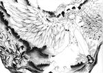  animal_ears bad_id bad_pixiv_id bow branch dress feathers greyscale hat leaf long_sleeves mizunoto monochrome mystia_lorelei one_knee shoes short_hair smile solo touhou winged_shoes wings 