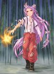  bad_id bad_pixiv_id bamboo bamboo_forest boots bow dissolving_clothes dress_shirt fire forest fujiwara_no_mokou hair_bow hair_ribbon highres kurione_(zassou) long_hair midriff nature ofuda pants pink_hair red_eyes ribbon shirt solo suspenders touhou very_long_hair 