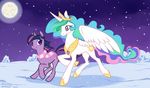  alicorn duo electriczebra equine female feral friendship_is_magic hasbro horn mammal my_little_pony night princess_celestia_(mlp) scarf snow twilight_sparkle_(mlp) unicorn winged_unicorn wings 