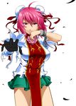  bad_id bad_pixiv_id bandages breasts bun_cover chain chinese_clothes cuffs double_bun flower ibaraki_kasen large_breasts mattari_yufi pink_flower pink_hair pink_rose red_eyes rose shackles short_hair skirt smile solo touhou 