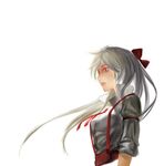  bow dress_shirt floating_hair fujiwara_no_mokou hair_bow highres kanari61 long_hair necktie ponytail profile red_eyes shirt silver_hair simple_background sleeves_rolled_up solo suspenders touhou upper_body 