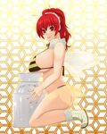  1girl antennae bee bee_girl bikini breast_rest breasts curvy huge_breasts insect_girl insect_wings kneeling long_hair mizuno_kakeru monster_girl nail_polish original ponytail profile red_eyes red_hair sideboob solo swimsuit wings 