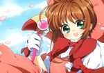  bad_id bad_pixiv_id brown_hair cardcaptor_sakura dress fuuin_no_tsue gloves green_eyes hat jinichu kinomoto_sakura magical_girl petals pink_hat short_hair solo wand white_gloves 