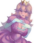 bad_id bad_pixiv_id blonde_hair blush breasts brooch cleavage cleavage_cutout crown dress earrings elbow_gloves gloves highres jewelry large_breasts long_hair mario_(series) metata open_mouth pink_dress pink_eyes princess_peach smile solo super_mario_bros. white_background white_gloves 