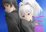  back-to-back black_hair couple darker_than_black hei purple_eyes sky smile yin 