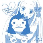  animal animal_hug bird bow copyright_name hair_bow hoshino_lily hug hug_from_behind long_hair mawaru_penguindrum monochrome penguin penguin_3-gou signature takakura_himari 