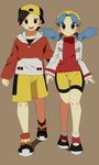  1girl bangs bare_legs baseball_cap bike_shorts black_hair blue_hair brown_background couple crystal_(pokemon) gold_(pokemon) hat hetero highres jacket open_mouth pokemon pokemon_(game) pokemon_gsc pumpkinpan short_hair shorts smile twintails walking 