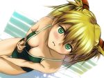  blonde_hair blush breasts cleavage competition_school_swimsuit downblouse extended_downblouse from_above green_eyes grin hair_ornament kobayashi_yuuji medium_breasts neon_genesis_evangelion one-piece_swimsuit sitting smile solo souryuu_asuka_langley swimsuit 