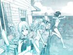  3girls asahina_mikuru bad_id bad_pixiv_id barefoot bikini dock drink fisheye jumping koizumi_itsuki kyon long_hair male_swimwear monochrome multiple_boys multiple_girls nagato_yuki ribs sarong short_hair shorts side-tie_bikini sketch suzumiya_haruhi suzumiya_haruhi_no_yuuutsu swim_trunks swimsuit swimwear toichi_(ik07) work_in_progress 