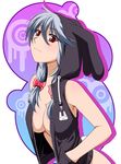  animal_ears bare_shoulders bow breasts bunny_ears bunny_tail cleavage grey_hair hair_bow hands_in_pockets hayashi_custom hood hoodie izayoi_sakuya jacket medium_breasts open_clothes open_jacket red_eyes solo tail touhou upper_body 