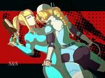  ass bandages between_fingers blonde_hair blue_eyes bodysuit braid gun hair_over_one_eye holding_needle knife long_hair looking_back metroid multiple_girls needle ponytail red_eyes reverse_trap samus_aran sheath sheathed sheik single_braid sudakoyarou super_smash_bros. text_focus the_legend_of_zelda throwing_needles turban weapon whip zero_suit 