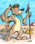  blue_eyes brown_hair desert hair male mammal marsupial polearm solo spear tail thylacine unknown_artist 