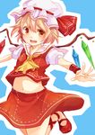  ascot bad_id bad_pixiv_id blonde_hair fang flandre_scarlet hat mary_janes midriff navel no_socks outstretched_arms red_eyes shishina shoes short_hair skirt solo spread_arms touhou wings wristband 