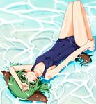  1girl animal_ears bad_id bad_pixiv_id barefoot covered_navel green_eyes green_hair hand_on_forehead kasodani_kyouko looking_at_viewer lying on_back one-piece_swimsuit school_swimsuit shallow_water shiny shiny_clothes short_hair skindentation smile solo submerged swimsuit tail touhou upside-down water wet wet_clothes 