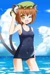  1girl ;d animal_ears bad_id bad_pixiv_id brown_hair cat_ears cat_tail chen cloud covered_navel day fang hand_on_headwear hat multiple_tails navel ocean one-piece_swimsuit one_eye_closed open_mouth orange_eyes school_swimsuit short_hair sky smile solo swimsuit tail touhou wading water wet yellow_eyes 
