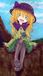  bad_id bad_pixiv_id blonde_hair brown_legwear crazy_eyes eyeball fusion green_eyes hat highres komeiji_koishi mary_janes no_nose open_mouth pantyhose shoes sitting skirt solo spoilers third_eye tmk touhou yakumo_koishi yakumo_yukari 