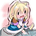  animal_ears blonde_hair cat_ears cat_tail chibi extra_ears hoshizuki_(seigetsu) kemonomimi_mode mizuhashi_parsee open_mouth puru-see rock scarf sitting soaking_feet solo tail touhou trembling water |_| 