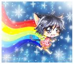  animal_ears black_eyes black_hair cat cat_ears cat_tail chibi copyright_request fang meme nyan_cat oliko personification rainbow solo tail 