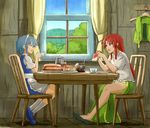  blue_dress blue_eyes blue_hair braid breakfast cake chair clothes_hanger cup curtains dress fence food hong_meiling izayoi_sakuya jam long_hair maid mountain multiple_girls open_mouth red_eyes red_hair shibasaki_shouji shirt short_hair side_slit sitting skirt smile table teacup teapot toast touhou tree twin_braids window 