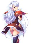  ass blue_hair boots claret_(langrisser) gauntlets highres langrisser langrisser_v long_hair looking_back panties pantyshot pauldrons red_eyes shoulder_pads smile thigh_boots thighhighs uchiu_kazuma underwear wind wind_lift 