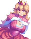  bad_id bad_pixiv_id blonde_hair blue_eyes blush breasts brooch cleavage cleavage_cutout crown dress earrings elbow_gloves gloves highres jewelry large_breasts long_hair mario_(series) metata open_mouth pink_dress princess_peach purple_eyes smile solo super_mario_bros. white_background white_gloves 