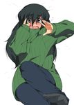  aiba-tsukiko black_hair blush brown_eyes glasses green_sweater long_hair open_mouth original pants shirt simple_background socks solo sweater tears 