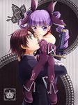  1girl alternate_costume alternate_hairstyle asbel_lhant bare_shoulders black_gloves blue_eyes carrying choker couple curly_hair formal gloves hair_ribbon hetero kogito long_hair profile purple_eyes purple_hair purple_legwear red_choker red_hair ribbon scabbard sheath shoes sophie_(tales) suit tales_of_(series) tales_of_graces thighhighs twintails 
