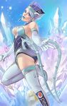  bare_shoulders blue_eyes blue_hair blue_rose_(tiger_&amp;_bunny) boots breasts cleavage crystal_earrings earrings elbow_gloves fingernails gloves gon2032 high_heels ice jewelry karina_lyle lipstick makeup medium_breasts pepsi_nex pointing product_placement realistic shoes short_hair solo superhero thigh_boots thighhighs tiger_&amp;_bunny 