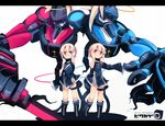  blonde_hair blue_eyes character_request commentary_request cross detached_sleeves fuukadia_(narcolepsy) hair_ornament halo letterboxed mecha multiple_girls pixiv_shadow red_eyes shadow siblings sisters sword twins weapon 