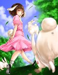  animal_ears anus bad_id bad_pixiv_id brown_hair bunny_ears bunny_tail dress from_behind inaba_tewi jumping kyon_(fuuran) leaf one_eye_closed pink_eyes red_eyes short_sleeves solo tail touhou tree 