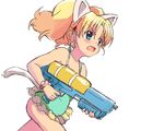  animal_ears blonde_hair blue_eyes blush casual_one-piece_swimsuit cat_ears fang highres jewelpet_(series) jewelpet_twinkle miria_marigold_mackenzie nyama one-piece_swimsuit open_mouth running short_hair solo swimsuit tail twintails water_gun 