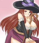  bare_shoulders between_breasts breasts brown_eyes brown_hair cleavage detached_sleeves dragon&#039;s_crown dragon's_crown dress hat highres large_breasts long_hair long_skirt simple_background skirt solo sorceress sorceress_(dragon&#039;s_crown) sorceress_(dragon's_crown) staff standing strapless_dress vanillaware weapon witch witch_hat 