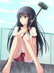  barefoot black_hair broom brown_eyes feet gym_uniform highres kotegawa_yui long_hair no_panties orange_(meitoku) shorts sitting smile solo to_love-ru wet 