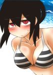  bad_id bad_pixiv_id bare_shoulders bikini black_hair blush breasts cleavage collarbone konohana_saku large_breasts ocean original red_eyes short_hair solo striped striped_bikini swimsuit 